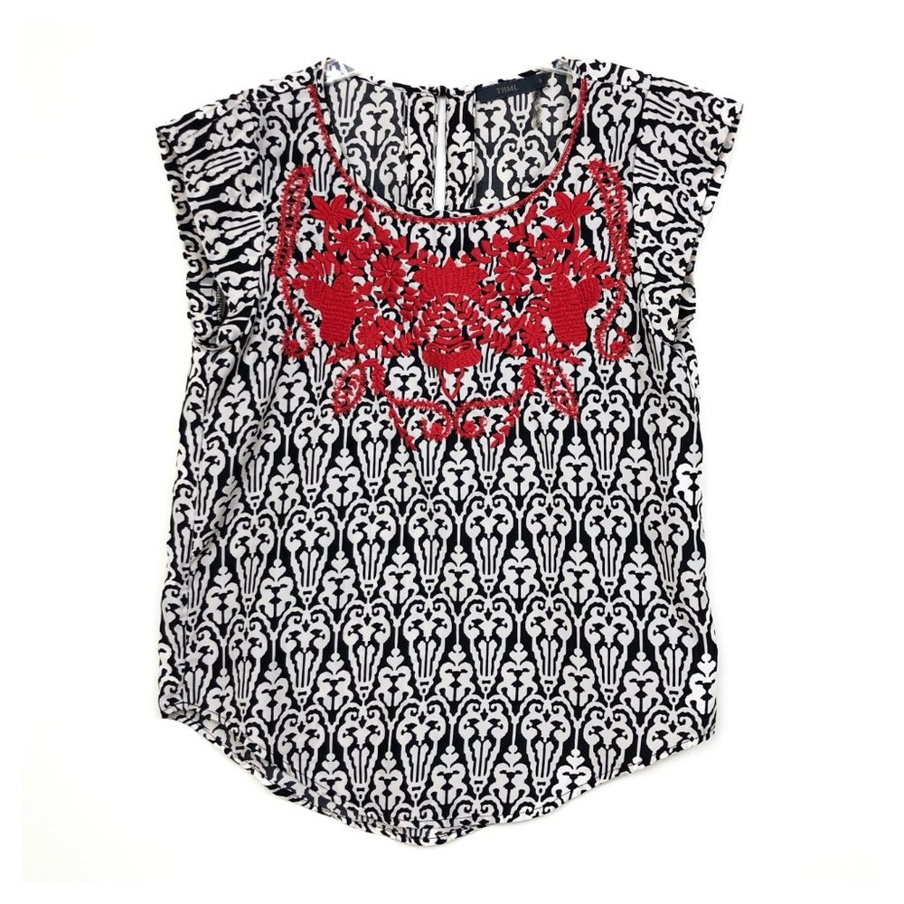 THML Anthropologie B&W Damask w Red Embroidery Top
